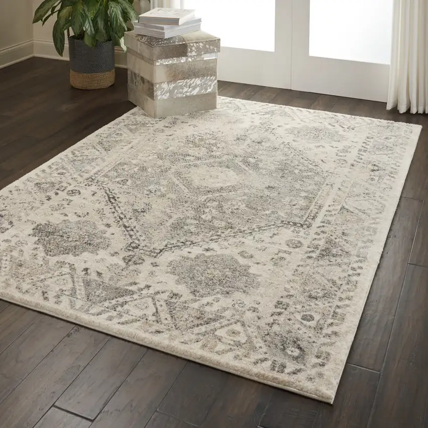 Cream and Gray Floral Distressed Area Rug Photo 5