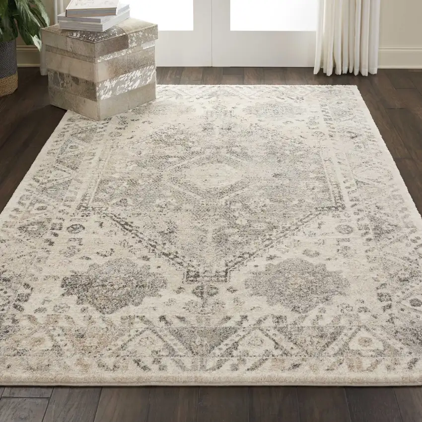 Cream and Gray Floral Distressed Area Rug Photo 3