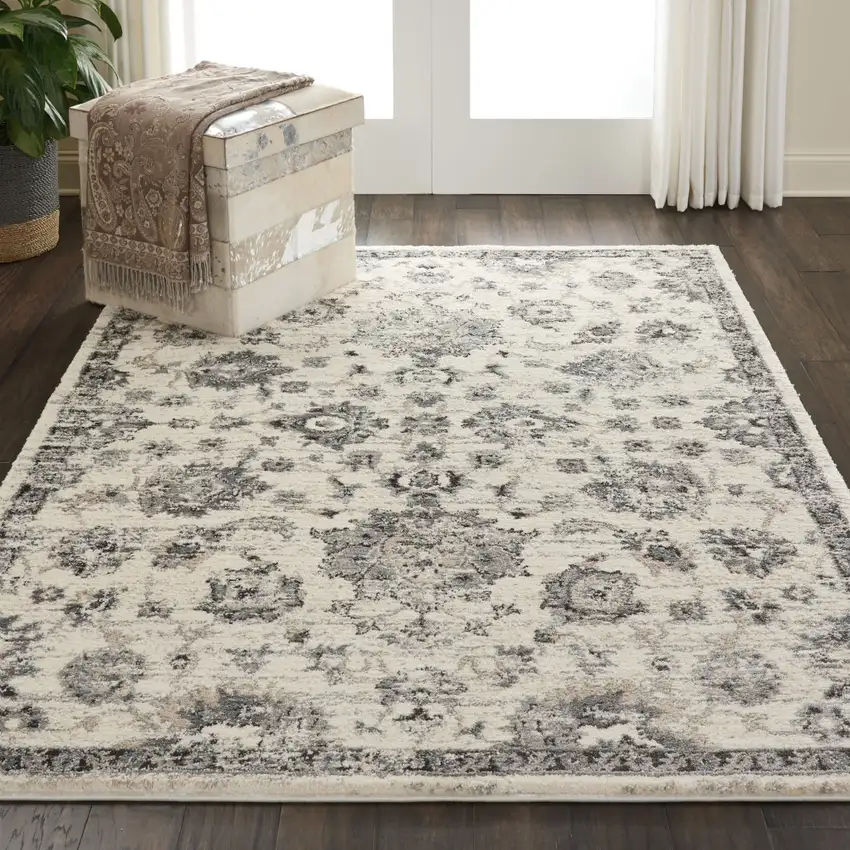 Cream and Gray Floral Distressed Area Rug Photo 8
