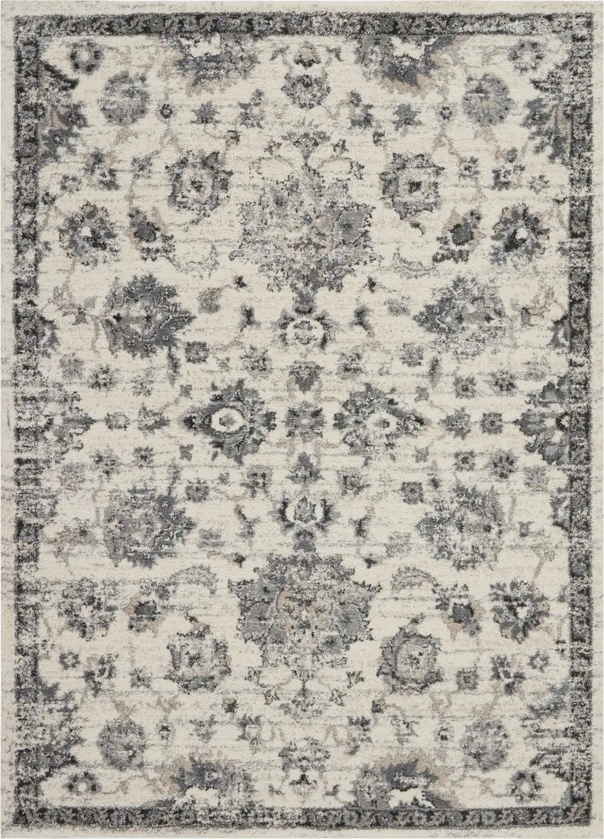 Cream and Gray Floral Distressed Area Rug Photo 2