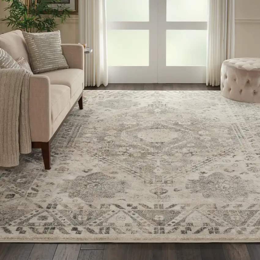 Cream and Gray Floral Distressed Area Rug Photo 4