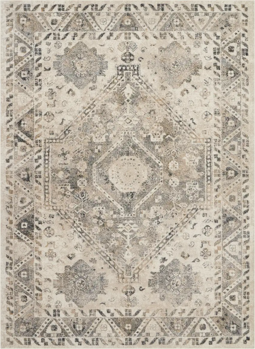 Cream and Gray Floral Distressed Area Rug Photo 1