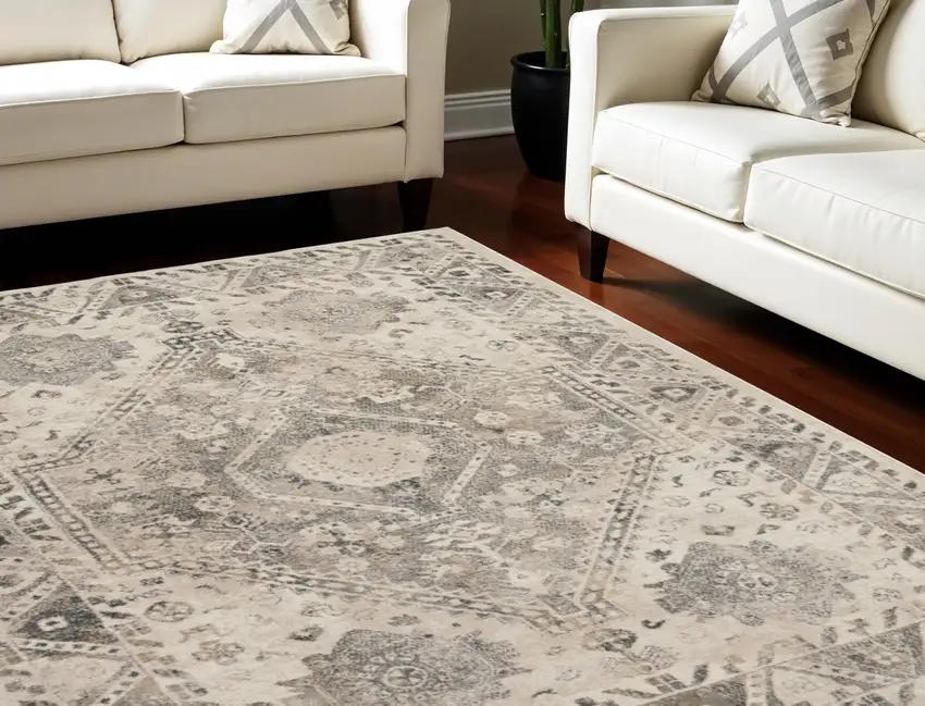 Cream and Gray Floral Distressed Area Rug Photo 1