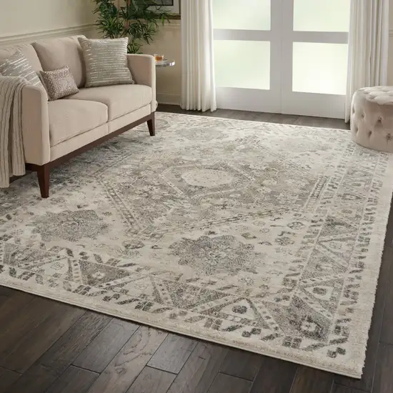 Cream and Gray Floral Distressed Area Rug Photo 5