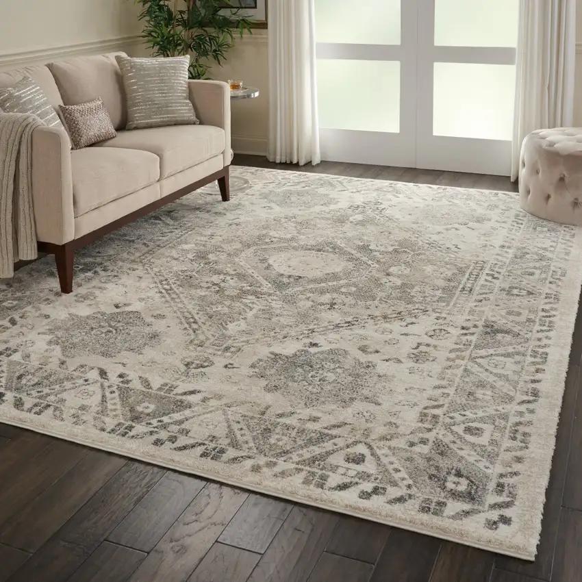 Cream and Gray Floral Distressed Area Rug Photo 5