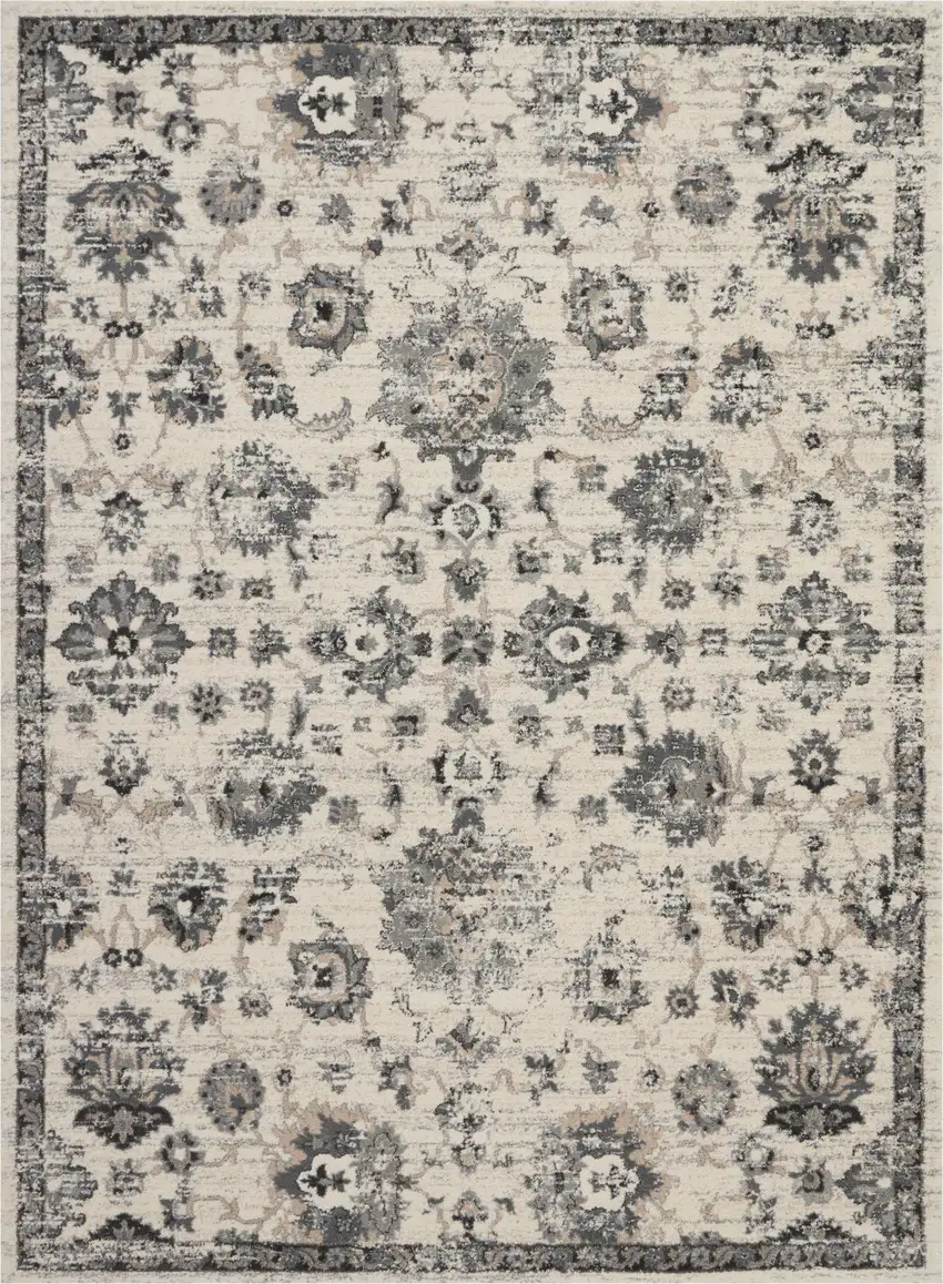 Cream and Gray Floral Distressed Area Rug Photo 2