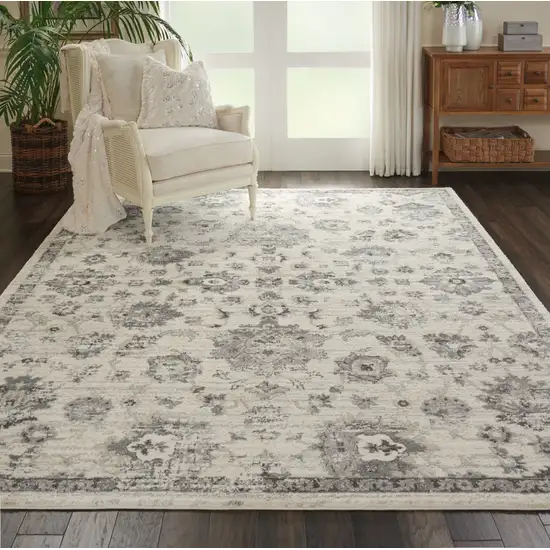Cream and Gray Floral Distressed Area Rug Photo 3