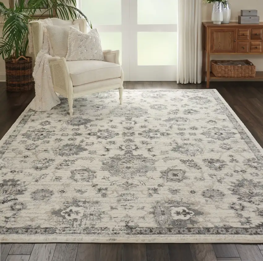 Cream and Gray Floral Distressed Area Rug Photo 3
