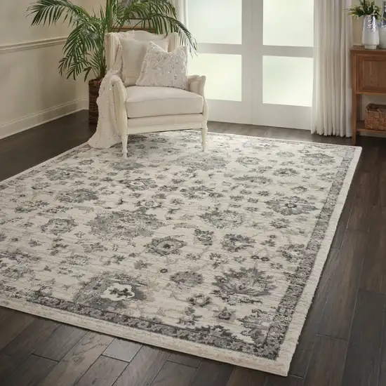Cream and Gray Floral Distressed Area Rug Photo 5