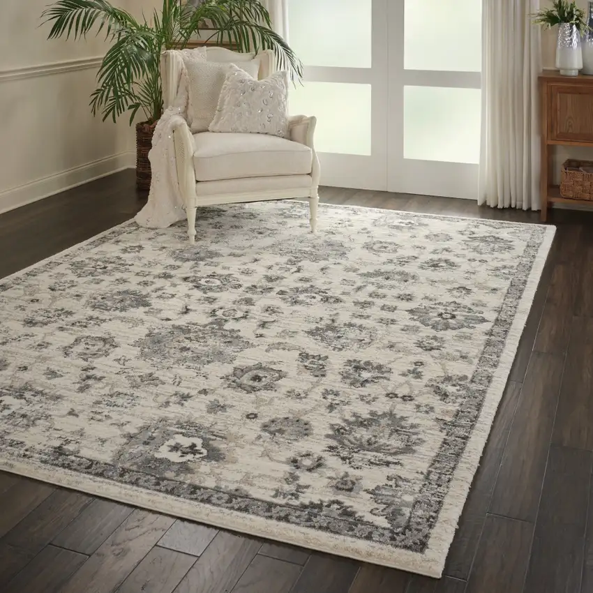 Cream and Gray Floral Distressed Area Rug Photo 5