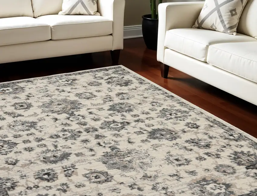 Cream and Gray Floral Distressed Area Rug Photo 1