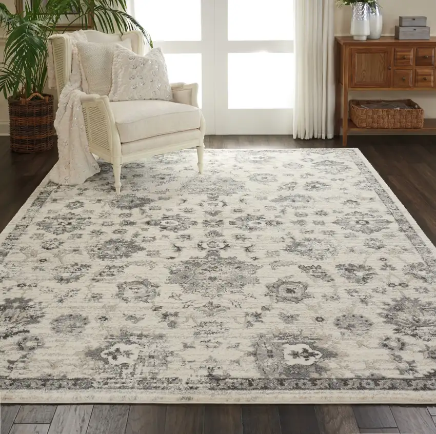 Cream and Gray Floral Distressed Area Rug Photo 7