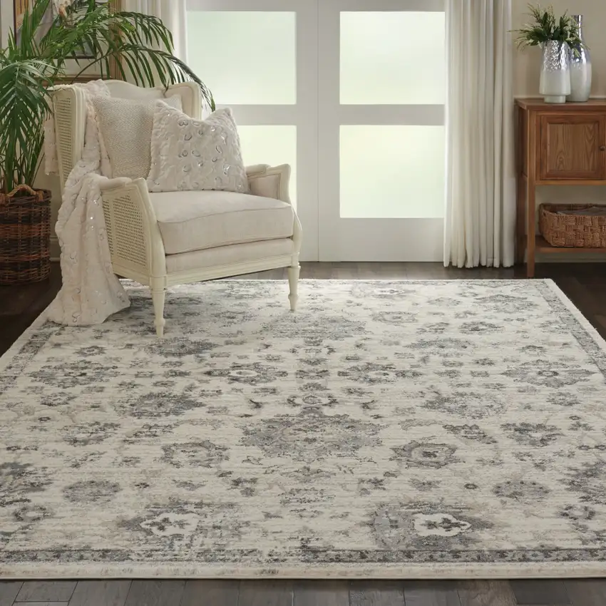 Cream and Gray Floral Distressed Area Rug Photo 4