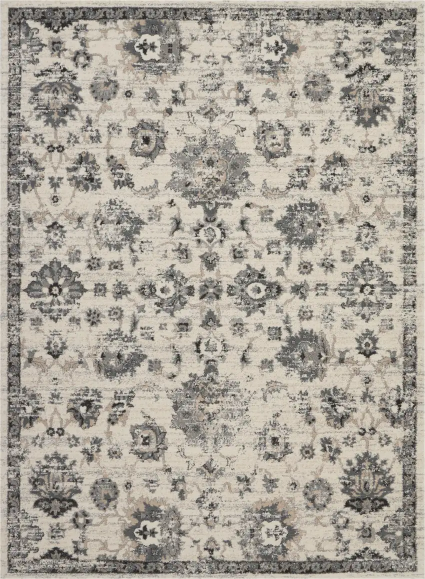 Cream and Gray Floral Distressed Area Rug Photo 1
