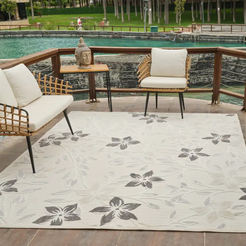 Cream And Gray Floral Distressed Indoor Outdoor Area Rug Photo 9
