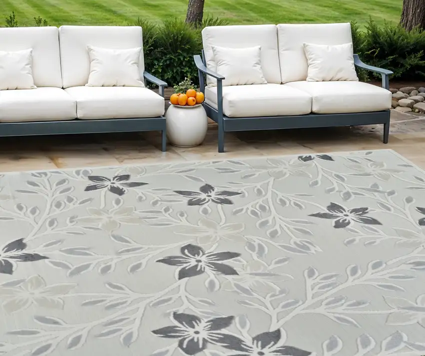 Cream and Gray Floral Distressed Indoor Outdoor Area Rug Photo 1