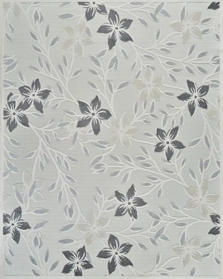 Cream and Gray Floral Distressed Indoor Outdoor Area Rug Photo 2
