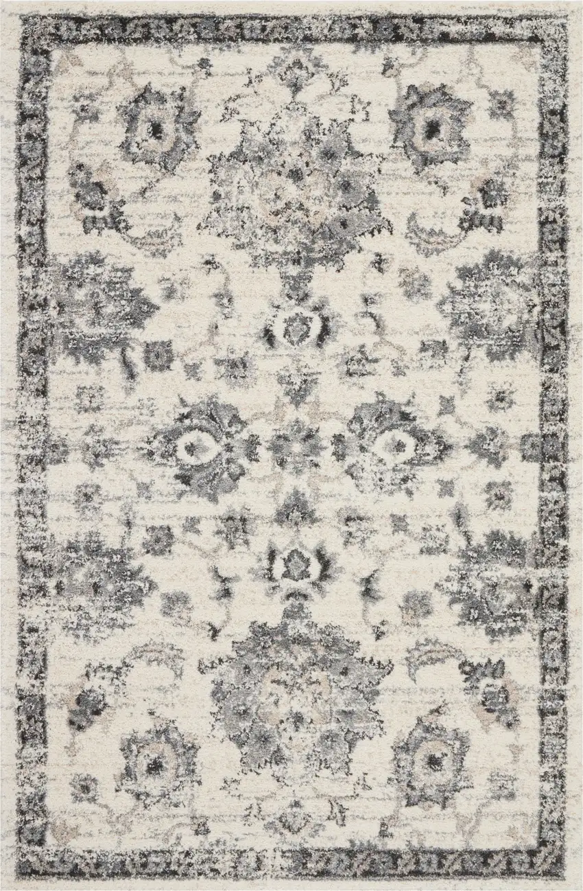 Cream and Gray Floral Medallion Distressed Area Rug Photo 9