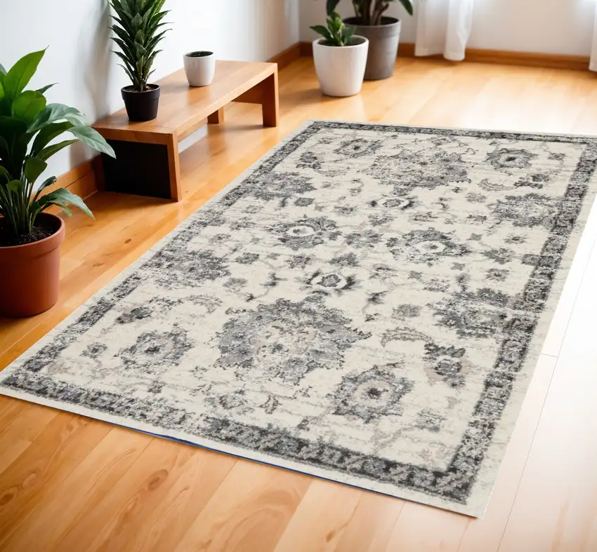Cream and Gray Floral Medallion Distressed Area Rug Photo 1