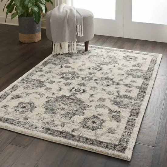 Cream and Gray Floral Medallion Distressed Area Rug Photo 6