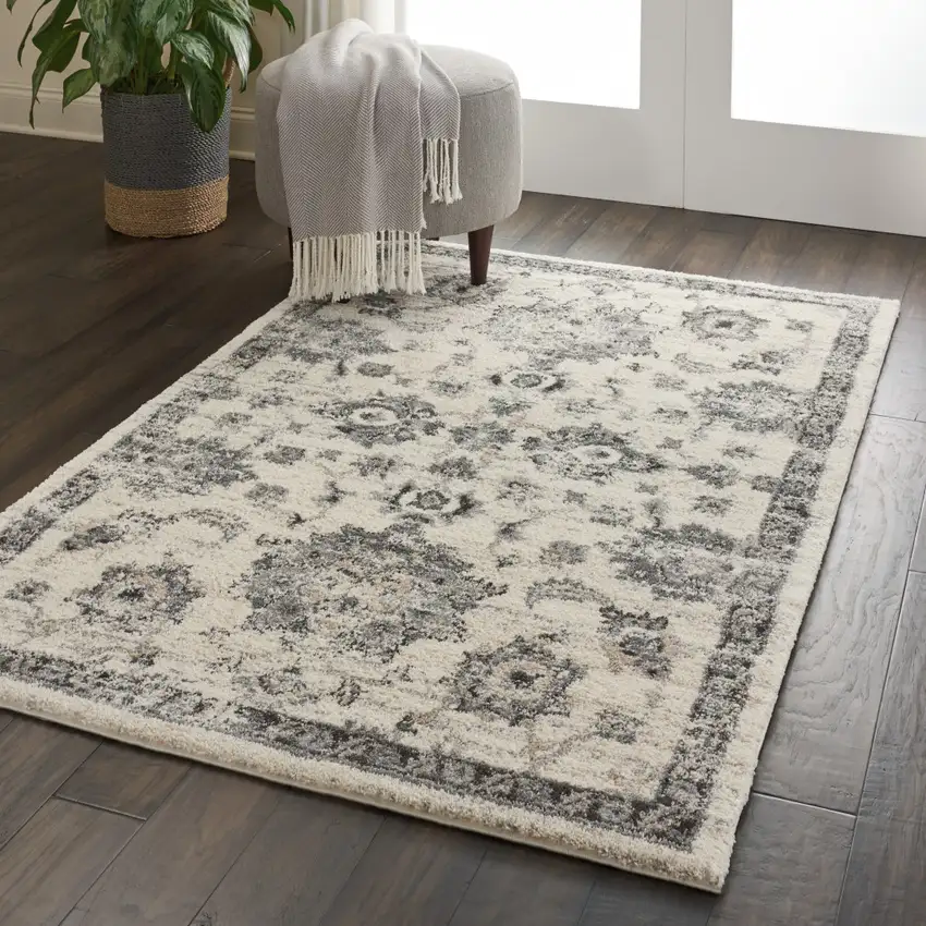 Cream and Gray Floral Medallion Distressed Area Rug Photo 6