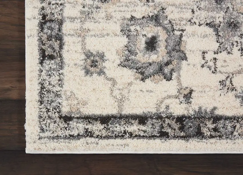 Cream and Gray Floral Medallion Distressed Area Rug Photo 7