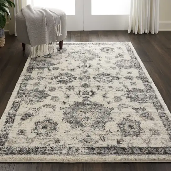 Cream and Gray Floral Medallion Distressed Area Rug Photo 4