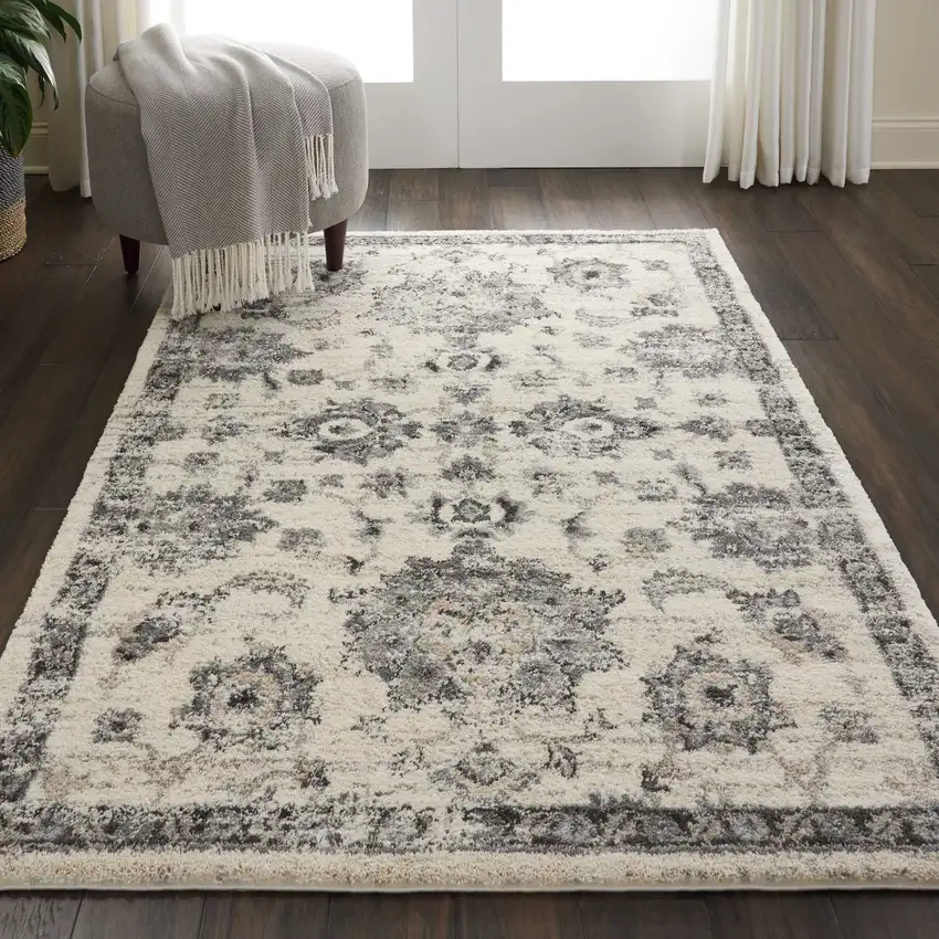 Cream and Gray Floral Medallion Distressed Area Rug Photo 4