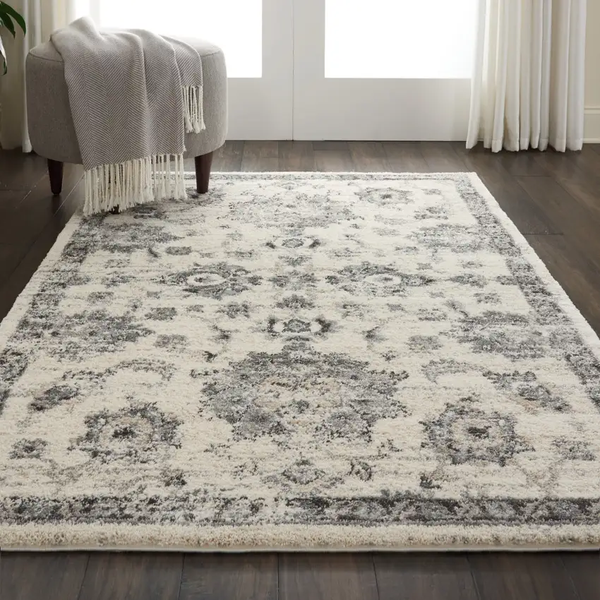 Cream and Gray Floral Medallion Distressed Area Rug Photo 5