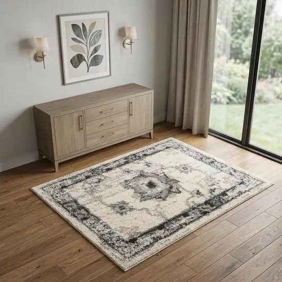 Cream and Gray Floral Medallion Distressed Area Rug Photo 1
