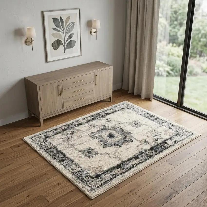 Cream and Gray Floral Medallion Distressed Area Rug Photo 1