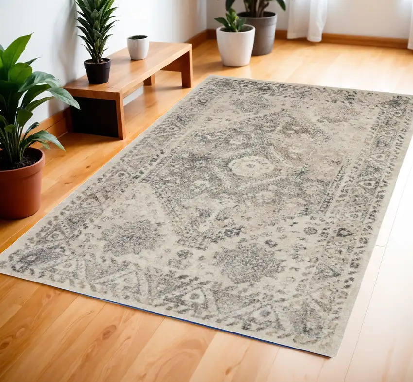 Cream and Gray Medallion Distressed Area Rug Photo 1