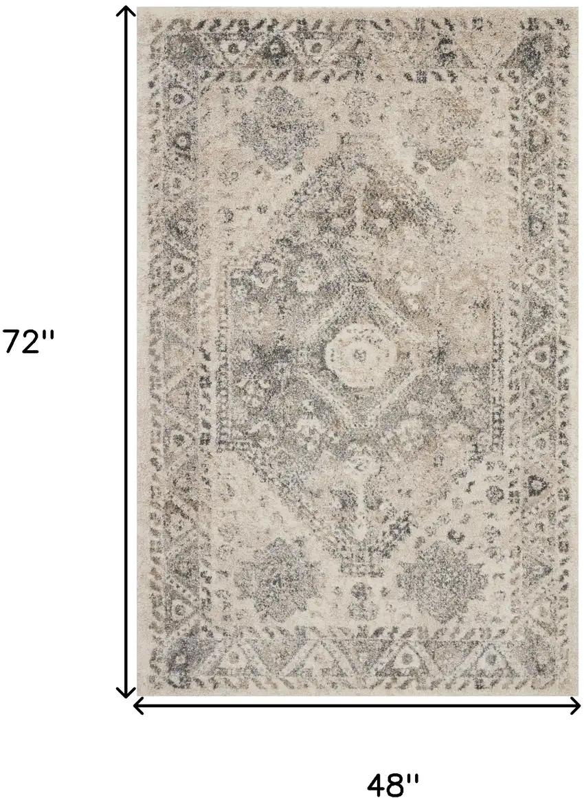 Cream and Gray Medallion Distressed Area Rug Photo 3