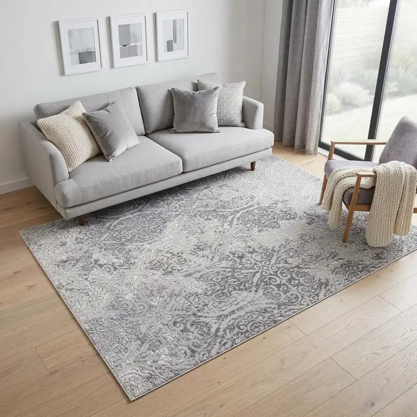 Gray And Ivory Damask Area Rug Photo 1