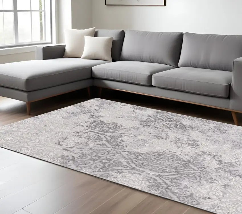 Cream And Gray Tinted Ogee Pattern Area Rug Photo 1