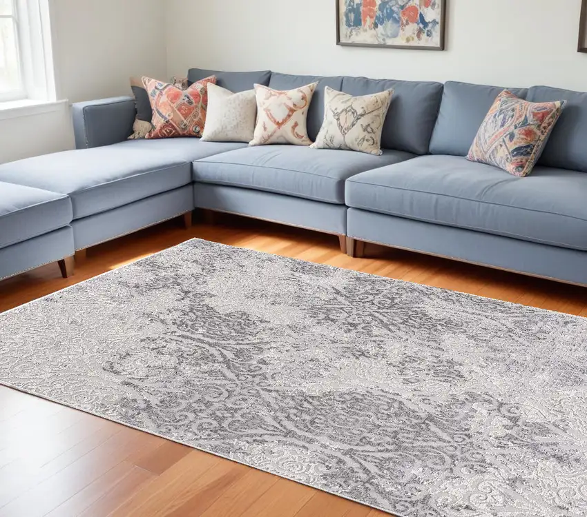 Cream And Gray Tinted Ogee Pattern Area Rug Photo 1