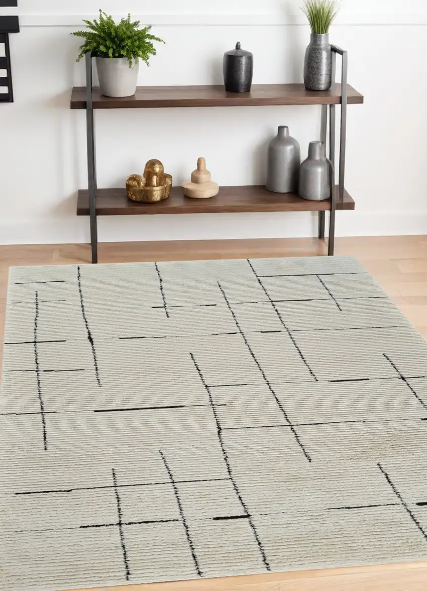 Cream and Green Abstract Distressed Area Rug Photo 2