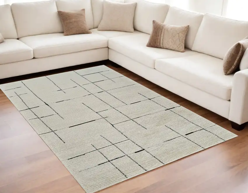 Cream and Green Abstract Distressed Area Rug Photo 2