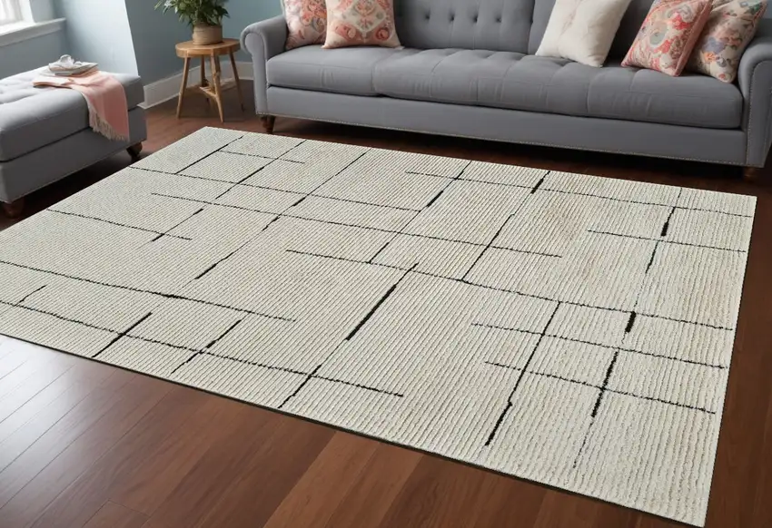 Cream and Green Abstract Distressed Area Rug Photo 2