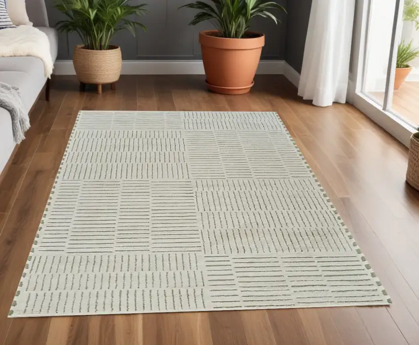 Cream and Green Abstract Distressed Area Rug Photo 1
