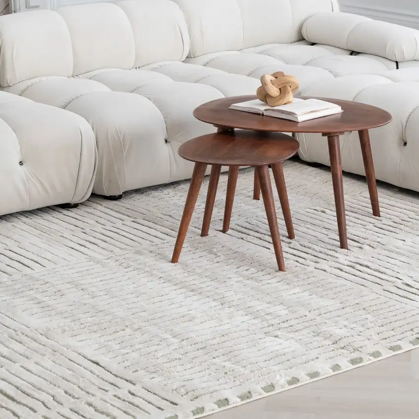 Cream and Green Abstract Distressed Area Rug Photo 7