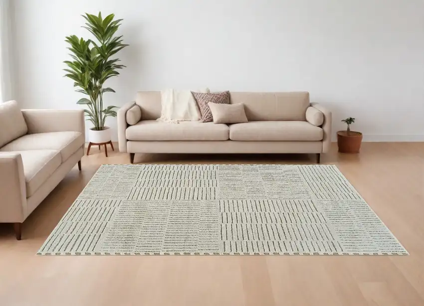 Cream and Green Abstract Distressed Area Rug Photo 1