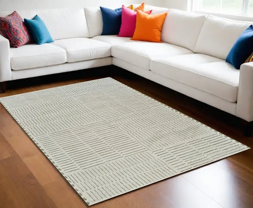 Cream and Green Abstract Worn Faded Area Rug Photo 2