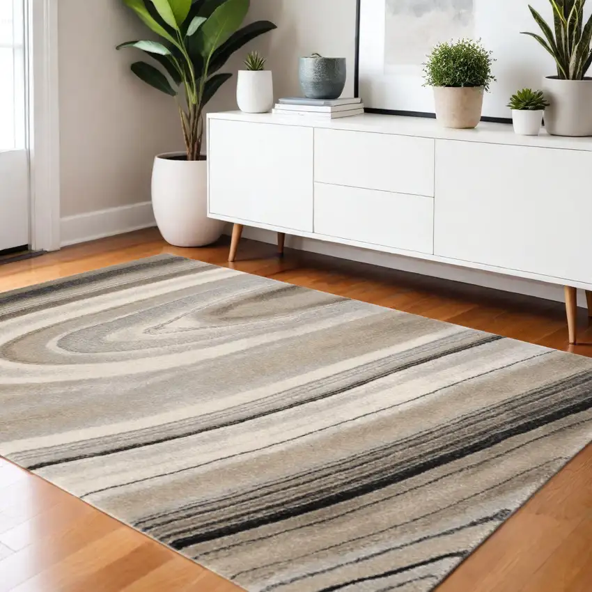 Cream and Tan Abstract Marble Area Rug Photo 2