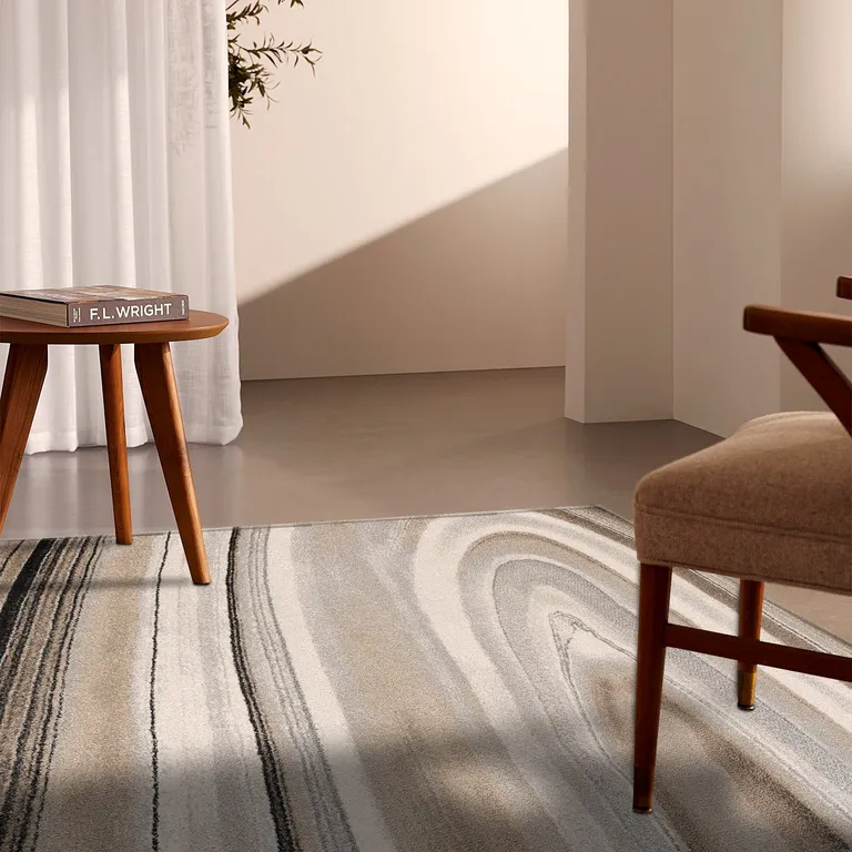 Cream and Tan Abstract Marble Area Rug Photo 4