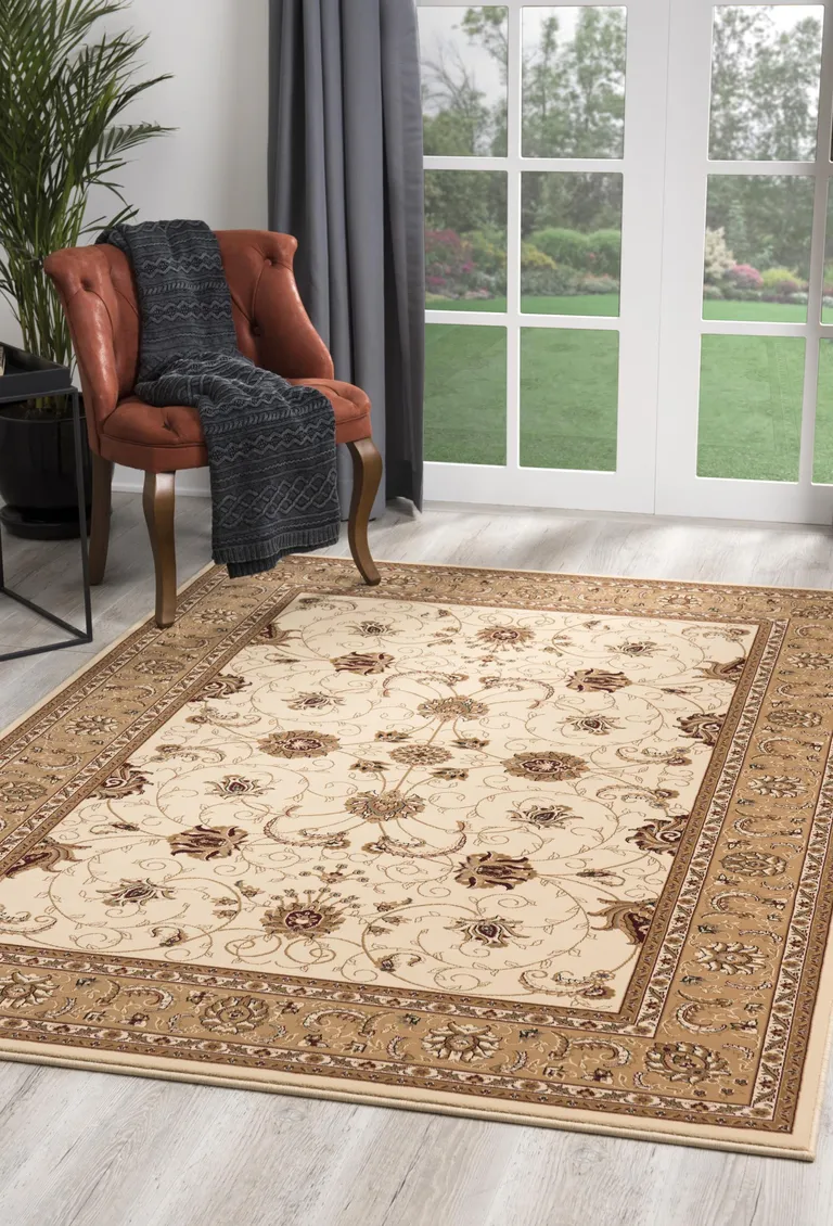 Cream and Tan Ornate Border Area Rug Photo 5