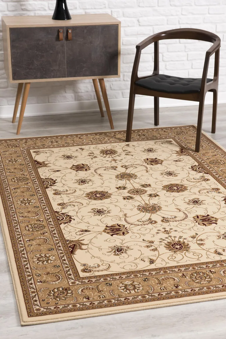 Cream and Tan Ornate Border Area Rug Photo 3