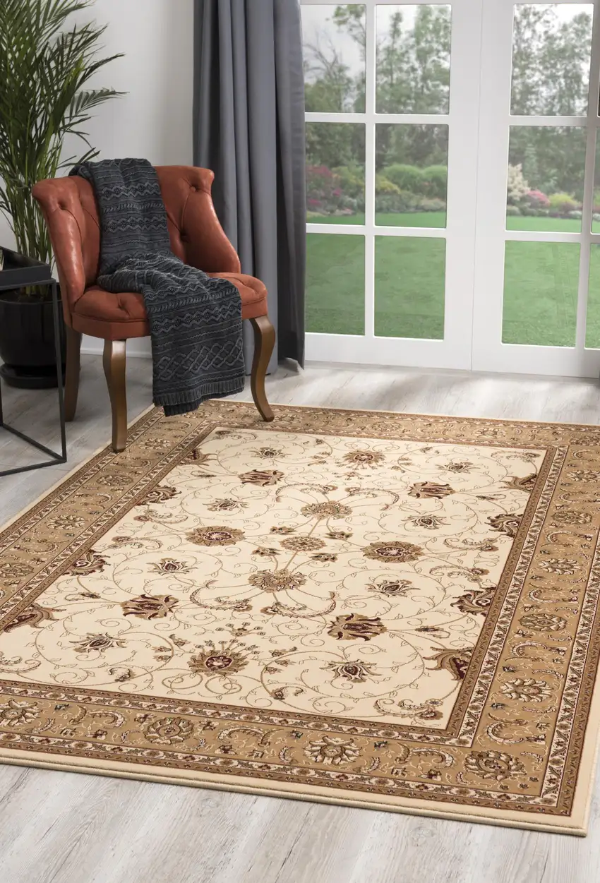 Cream and Tan Ornate Border Area Rug Photo 10