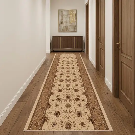10' Beige And Ivory Oriental Runner Rug Photo 1