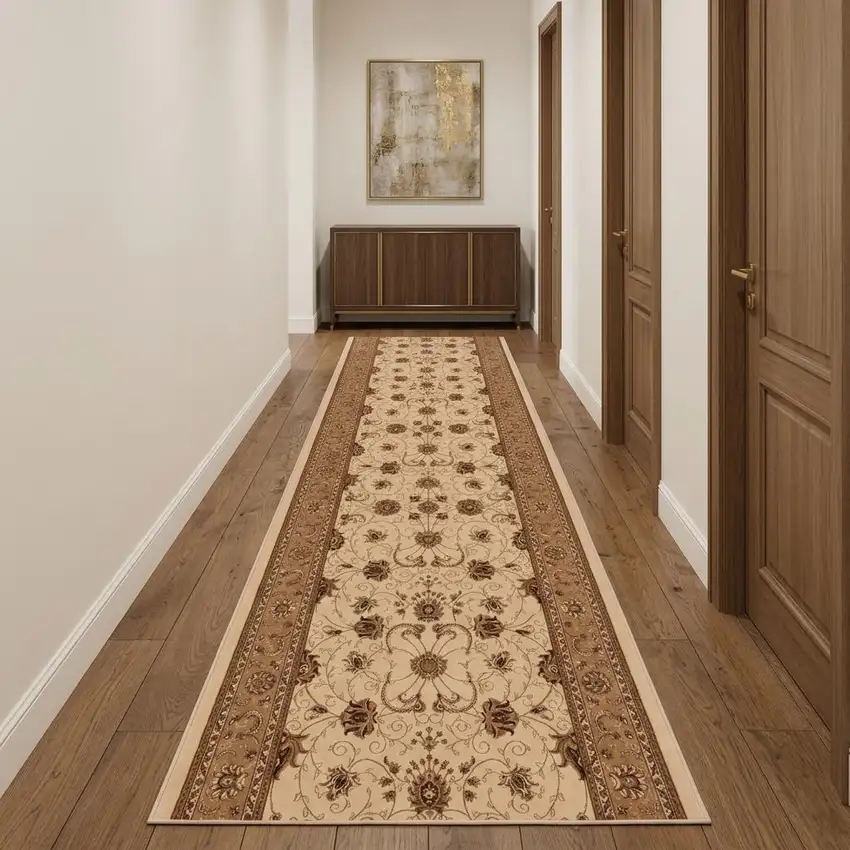 10' Beige And Ivory Oriental Runner Rug Photo 1